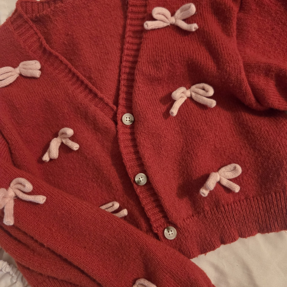 SHEIN Red Sweater with Pink Bow Accents